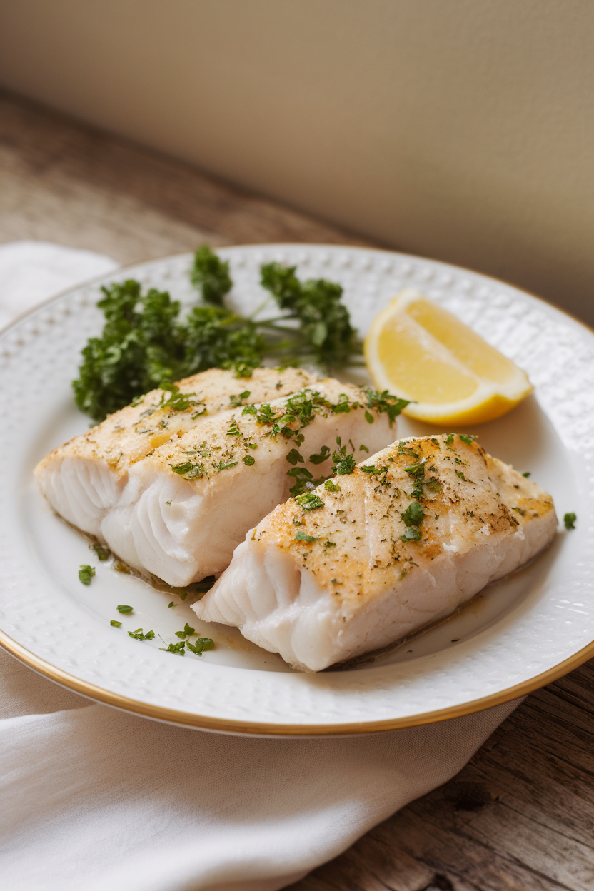 An indoor kitchen table displaying a white plate with a flaky baked cod fillet dusted with chopped parsley and a squeeze of lemon on the side. No text or logos; photo only.