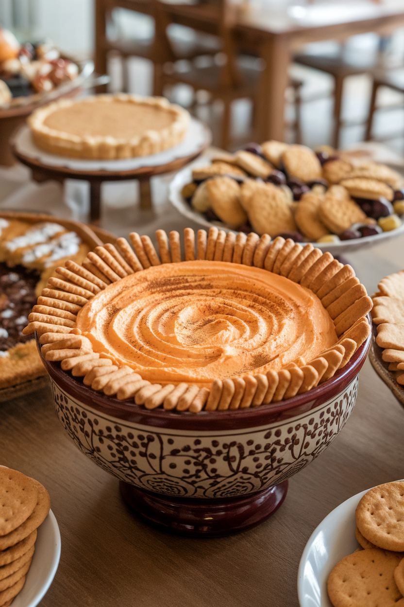 Indoor fall buffet with a ceramic bowl of creamy orange dip swirled with cinnamon, surrounded by graham crackers. Photo, no text or logos.