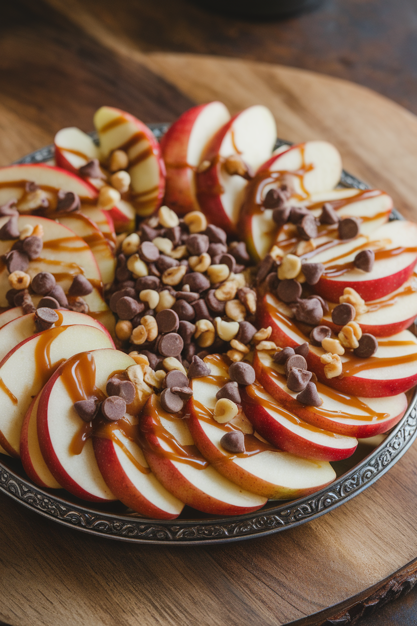 Indoor platter of thin apple slices drizzled with warm caramel and sprinkled with mini chocolate chips and chopped nuts. No text or logos.