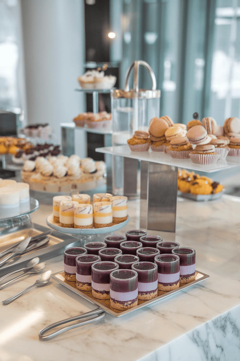 Indoor dessert bar displaying blueberry cheesecake jello shots with a crumb crust base and purple fill, no text or logos