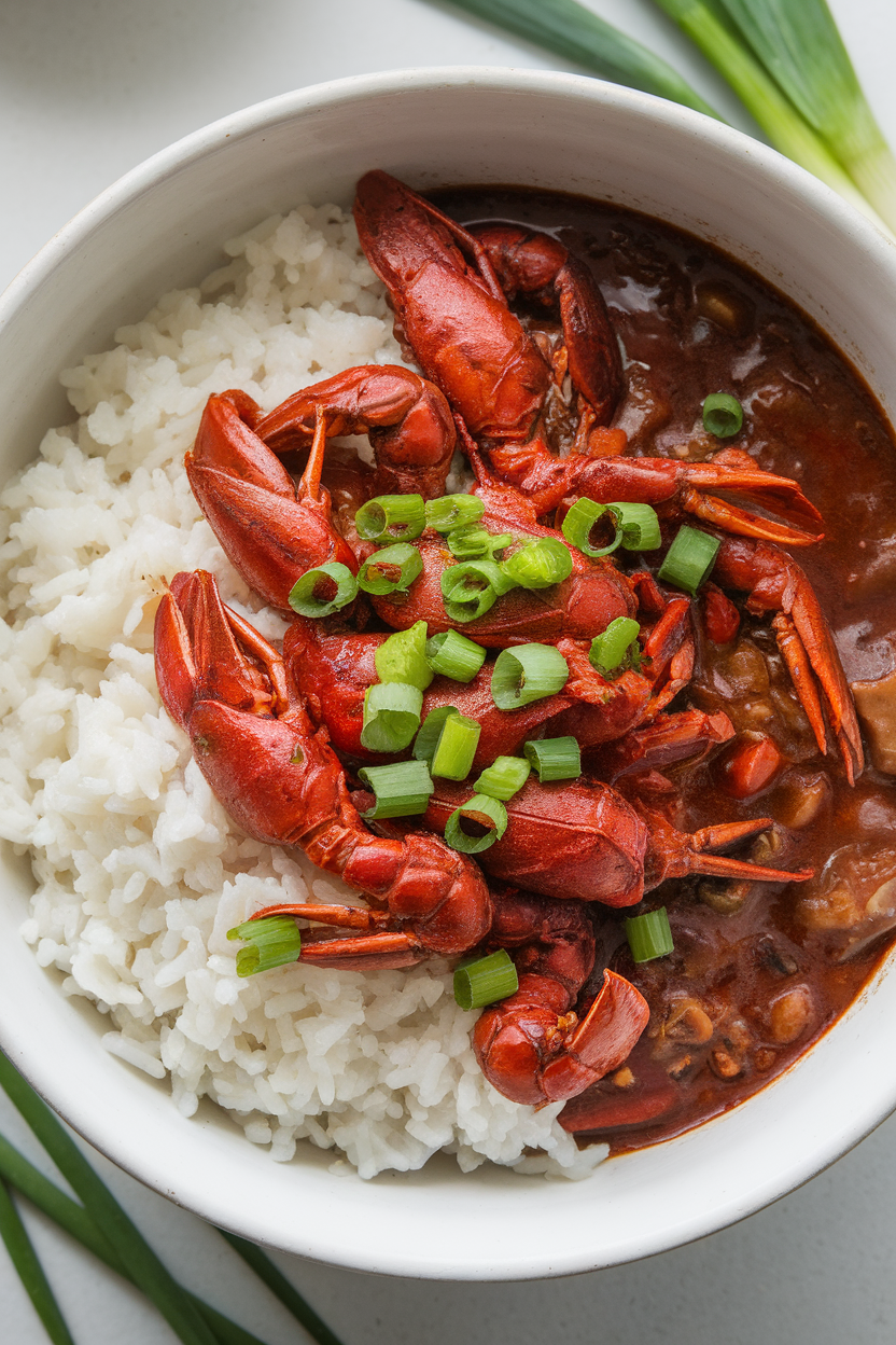 Indoor photo of bowl of crawfish étouffée over white rice, garnished with green onions, no text or logos. Photo only.