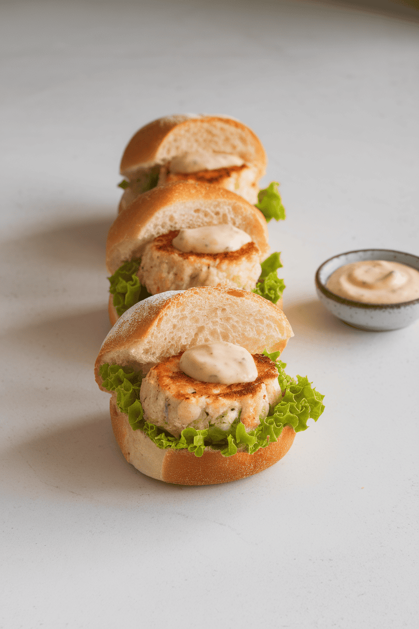 Photo of an indoor countertop displaying mini brioche buns filled with golden crab cakes, lettuce, and a dab of remoulade sauce. No text or logos on any surface.