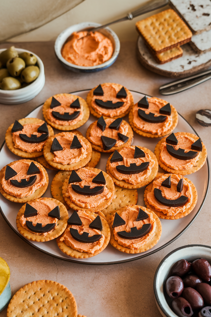 Photo of round crackers spread with pimento cheese, each with black olive triangles making jack-o’-lantern faces, indoor table. No text or logos.
