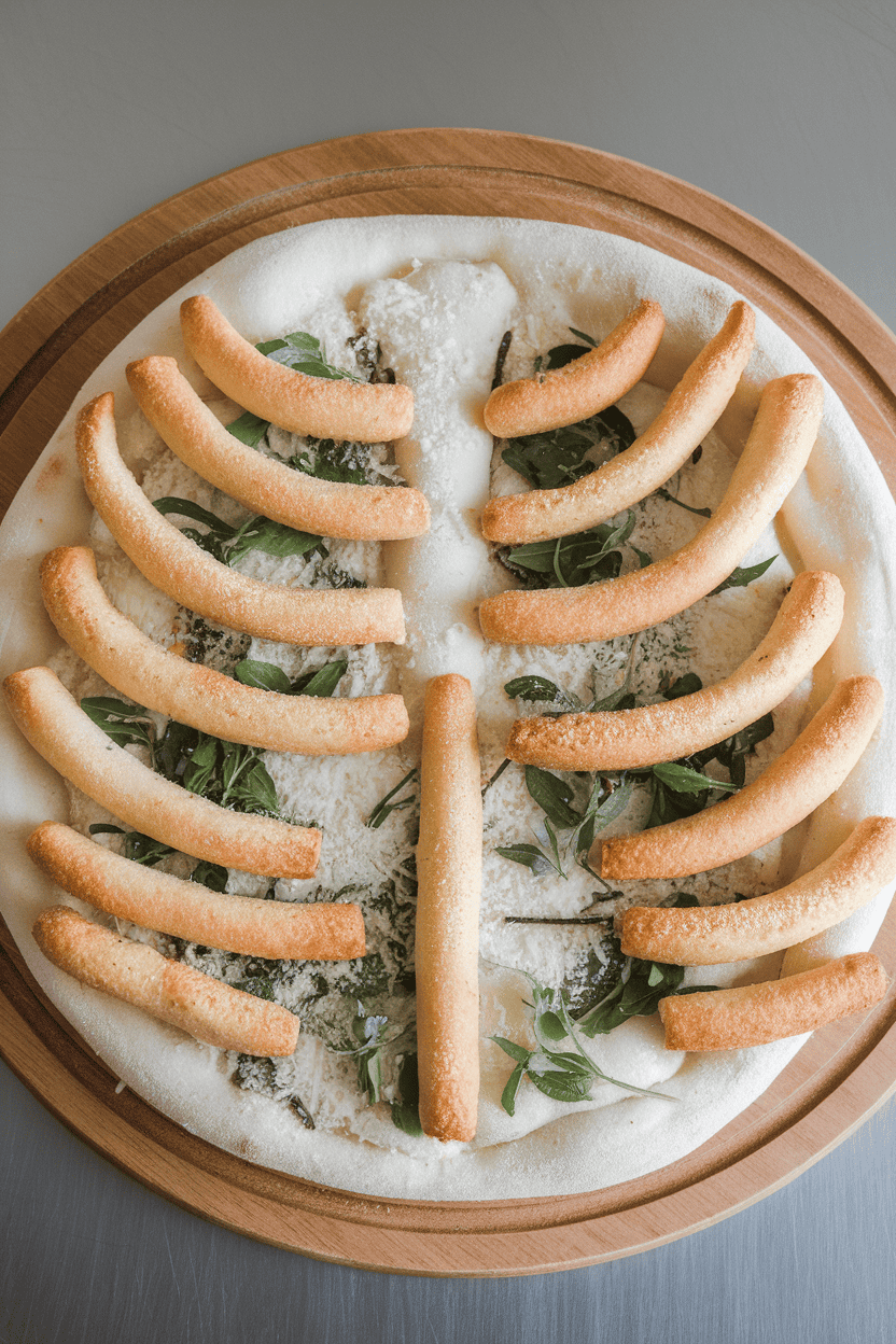 Overhead indoor shot of a white pizza artfully topped with breadstick “bones” arranged in a ribcage design. No text or logos.