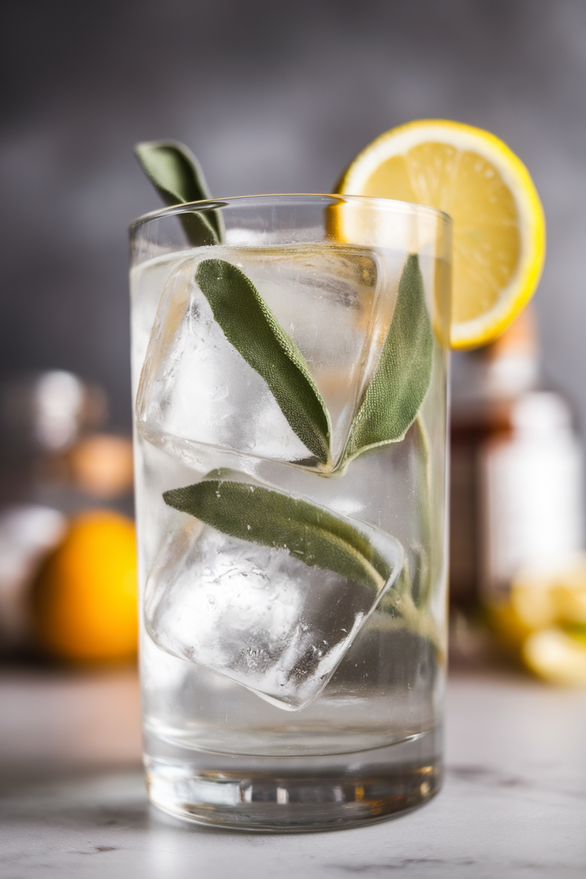 Photo of a highball indoors, clear honey sage gin and tonic with large ice cubes, sage leaf trapped inside, thin lemon wheel. No text or logos.