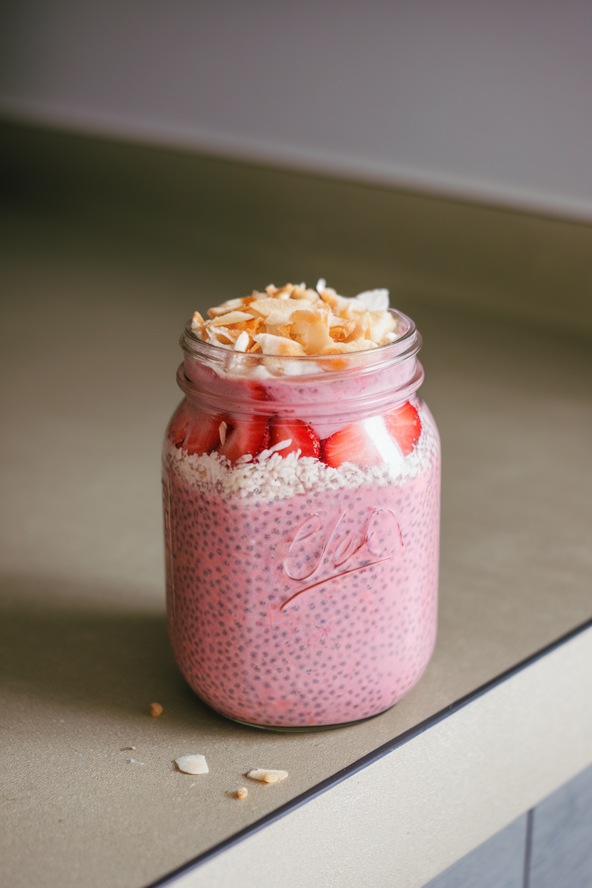 Mason jar on an indoor countertop with pink strawberry chia pudding and crunchy coconut flakes on top. No text or logos.