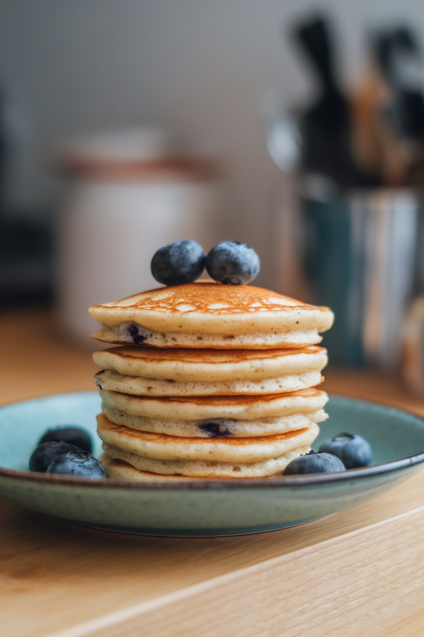 Indoor breakfast plate stacked with three small banana-egg pancakes, lightly browned and topped with a few blueberry accents. No text or logos; photo only.
