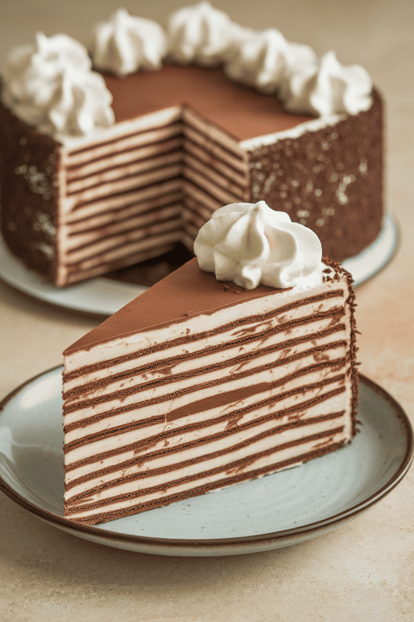 Indoor photo of a rectangular icebox cake with chocolate wafer layers and coffee whipped cream, slice on plate showing stripes, no text or logos