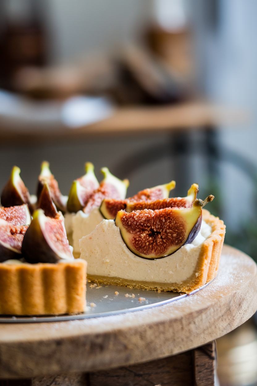 Photo of a sliced tart indoors with fresh fig halves nestled in almond frangipane filling; no text or logos.