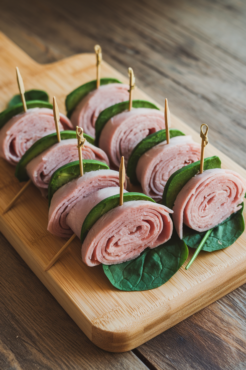 Indoor cutting board displaying turkey slices rolled around avocado sticks and spinach leaves, toothpicks securing each roll. No text or logos.
