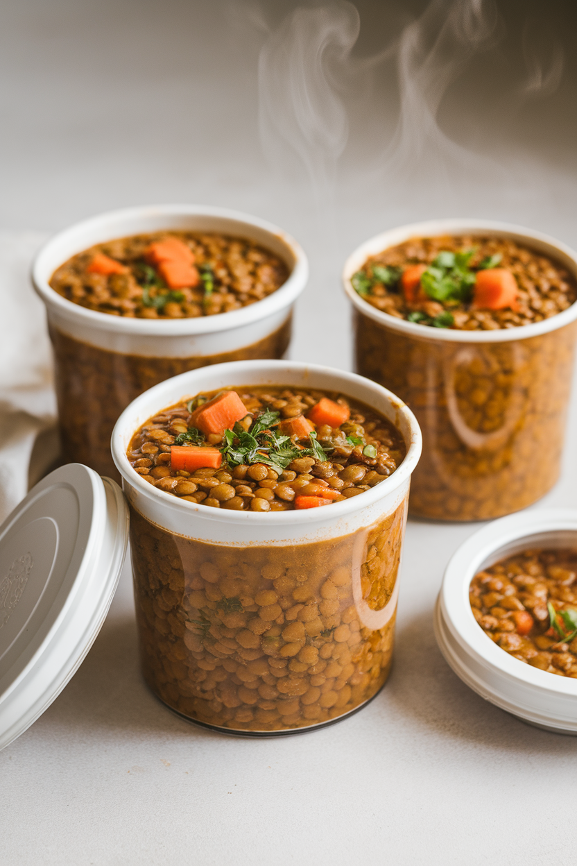 Indoor photo of freezer-safe containers filled with thick lentil soup flecked with carrots and herbs, lids off, steam faintly rising. No logos.