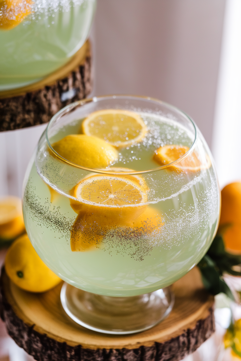 Indoor photo of pale green punch swirling with edible silver glitter in a clear punch bowl under soft lighting. No text or logos.