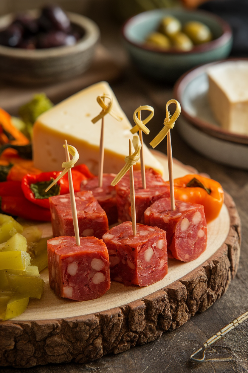 An indoor tapas board displaying toothpick-speared cubes of cooked Spanish chorizo and Manchego cheese. No text or logos. Photo, not illustration.
