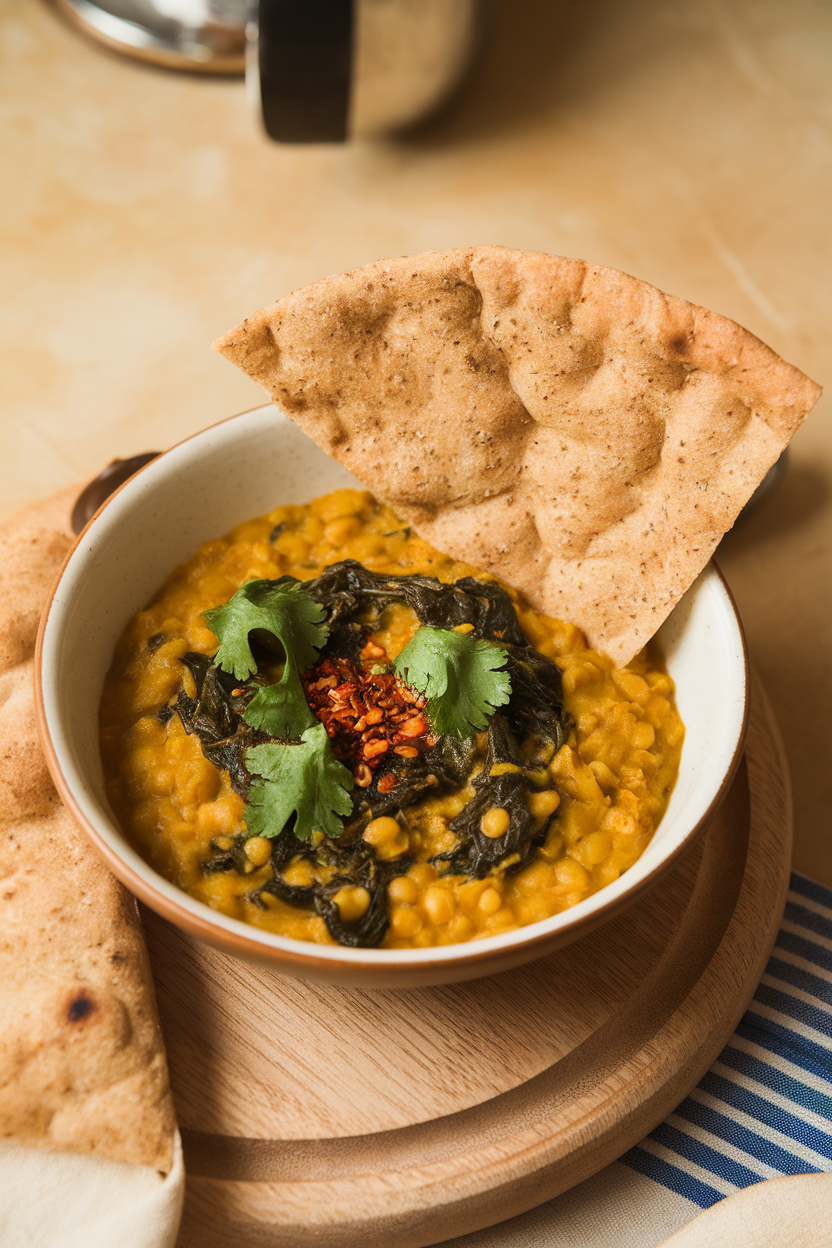 Indoor photo of a bowl of yellow lentil dal dotted with wilted spinach, garnished with cilantro, and accompanied by a slice of whole-grain flatbread. Gentle kitchen lighting, no text or logos.