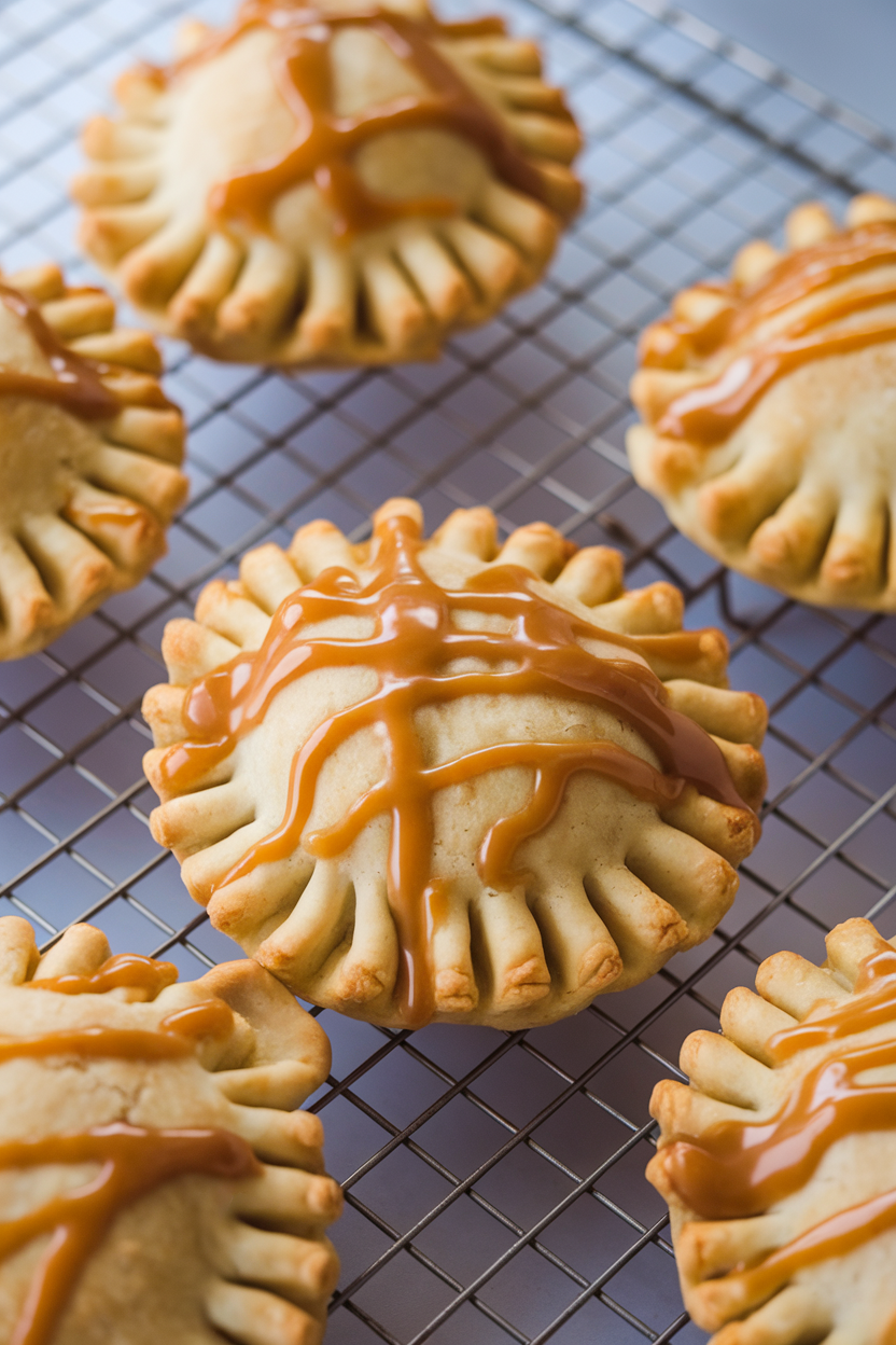 Photo of golden hand pies with crimped edges, caramel glaze drizzled on top, placed on a cooling rack indoors, no text or logos.