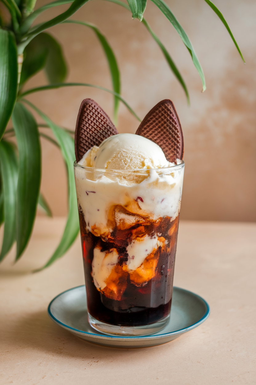 Indoor photo of a dark cherry cola float in a tall glass, topped with vanilla ice cream and two chocolate wafer ears positioned like cat ears. No text or logos visible.