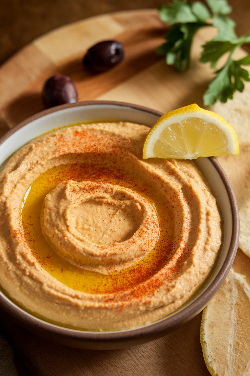 An indoor serving bowl of creamy hummus with a swirl of olive oil, sprinkled with paprika and garnished with a lemon wedge. Warm, diffuse lighting; no logos.