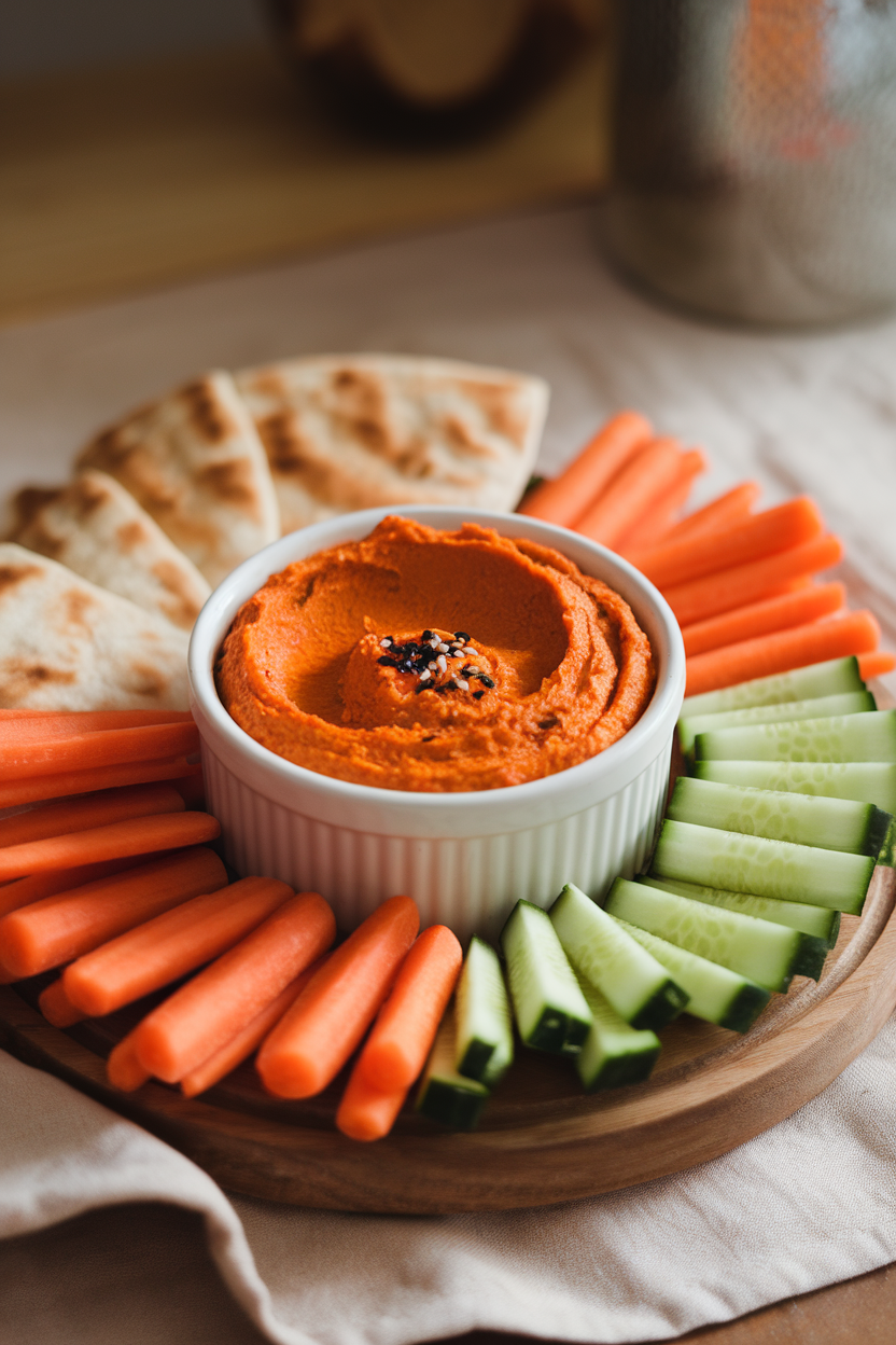 An indoor snack spread showing a ramekin of bright roasted red pepper hummus surrounded by carrot and cucumber sticks on a wooden board; soft lighting, no logos.