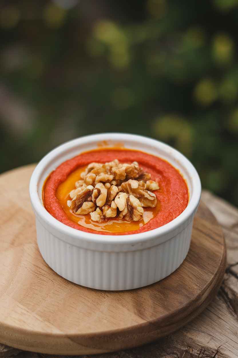 Photo of an indoor ramekin filled with bright red muhammara dip topped with crushed walnuts; no text or logos
