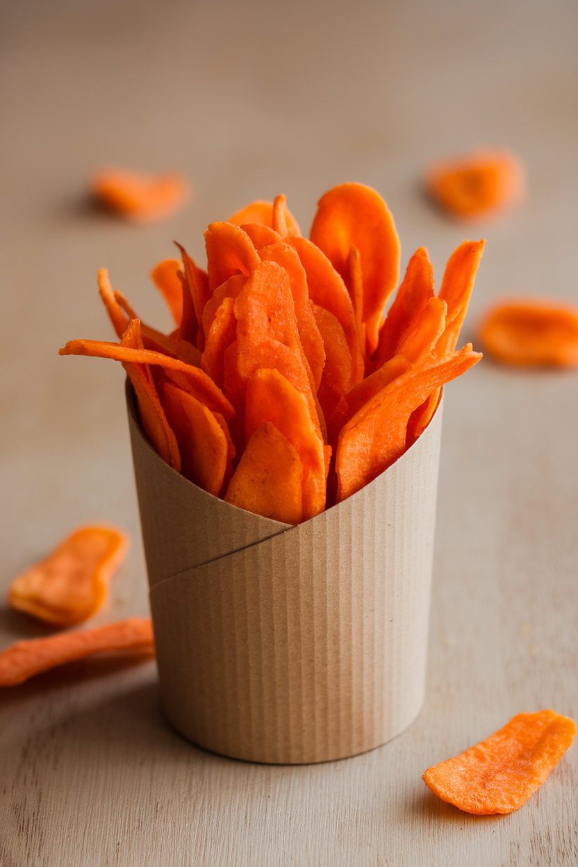 Indoor photo of carrot chips in a kraft paper snack cup, vibrant orange color against a neutral background. No text or logos.