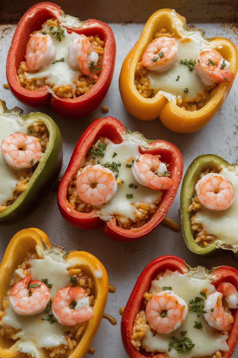 Indoor oven tray with halved bell peppers stuffed with rice, shrimp, and Cajun spices, cheese melted on top. No logos or text. Photo only.