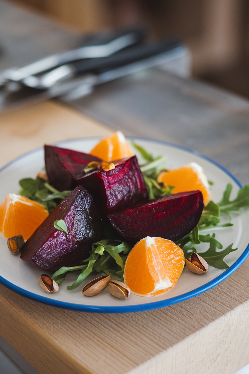 Photo of an indoor plate showing roasted beet wedges with orange segments, arugula, and pistachios; no text or logos