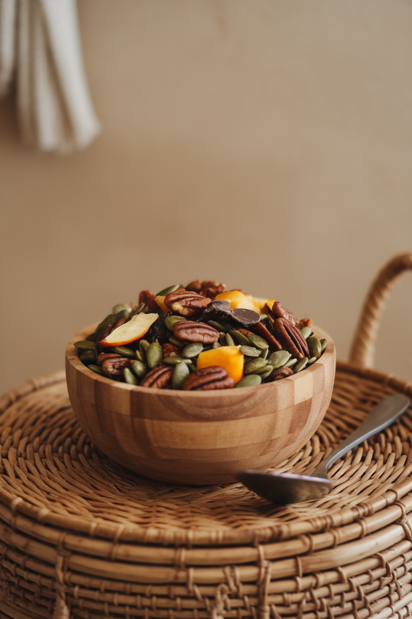 Indoor photo of a wooden bowl filled with trail mix featuring pecans, dried apples, pumpkin seeds, and dark chocolate chunks; no text or logos.