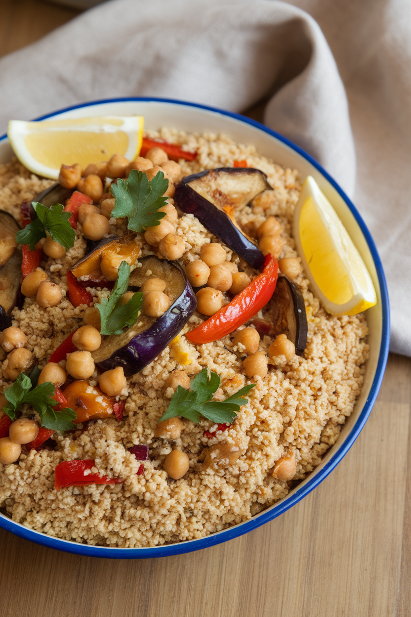 Indoor photo of whole-grain couscous mixed with roasted eggplant, peppers, and chickpeas in a serving dish; no text or logos present.
