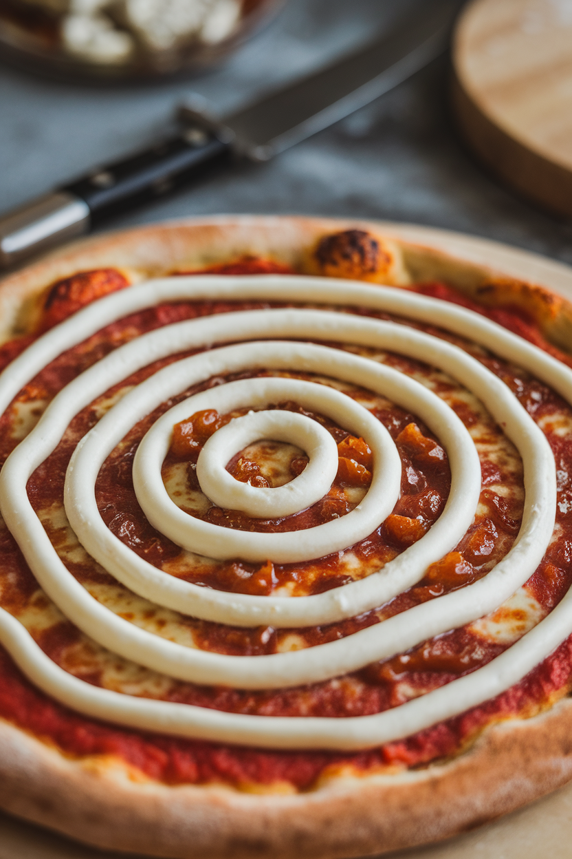 Close-up indoor photo of a pizza with a cream cheese spiral over jalapeño jam, evoking the famous painting’s swirl. Photo only, no text or logos.