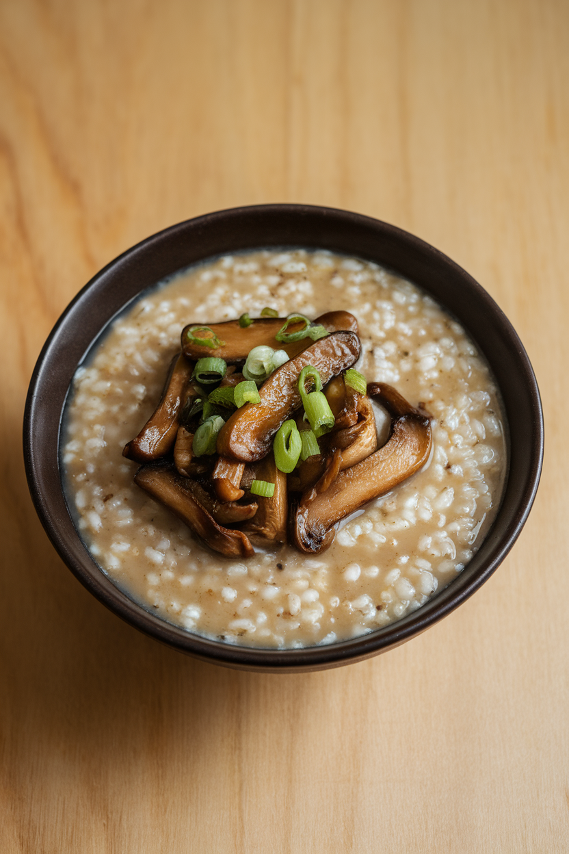 An indoor soup bowl containing creamy brown rice congee topped with sautéed shiitake mushrooms and scallions, photographed from slight overhead. No text or logos present.