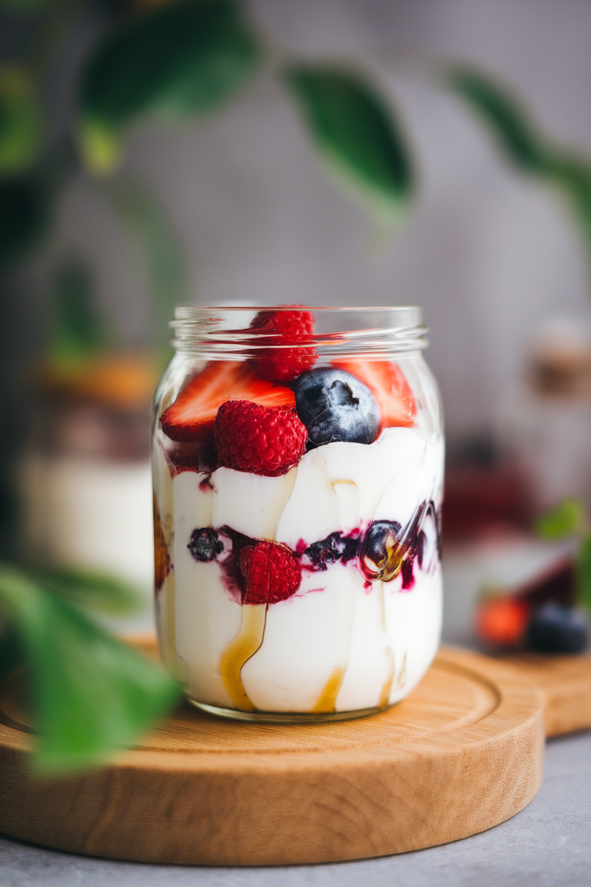 Indoor photo of a glass jar layered with plain Greek yogurt, mixed berries, and a drizzle of honey; no text or logos
