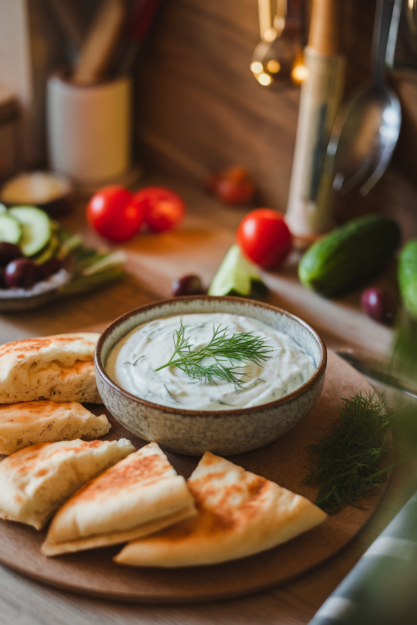 A cozy indoor kitchen counter displaying a shallow bowl of creamy tzatziki topped with fresh dill alongside quartered, lightly toasted pita bread. No text or logos. Photo, not illustration.