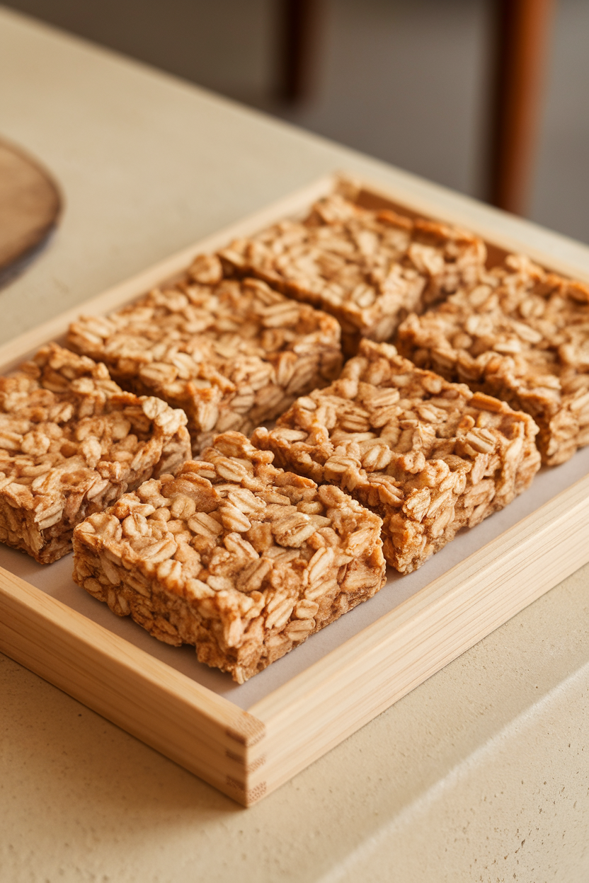 Indoor snack tray with several thick, soft oat bars cut into squares, edges lightly golden. No text or logos; photo only.
