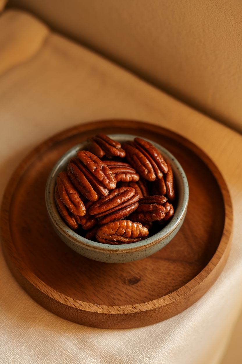 An indoor small bowl of glossy candied pecans on a wooden tray, warm overhead light, no text or logos. Photo.</Prompt