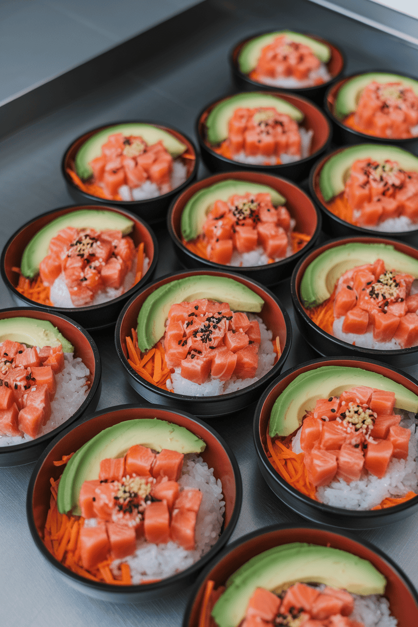 Indoor surface featuring bowls of sushi rice topped with cooked diced salmon, shredded carrots, avocado slices, and sesame seeds. No logos or text, photo only.