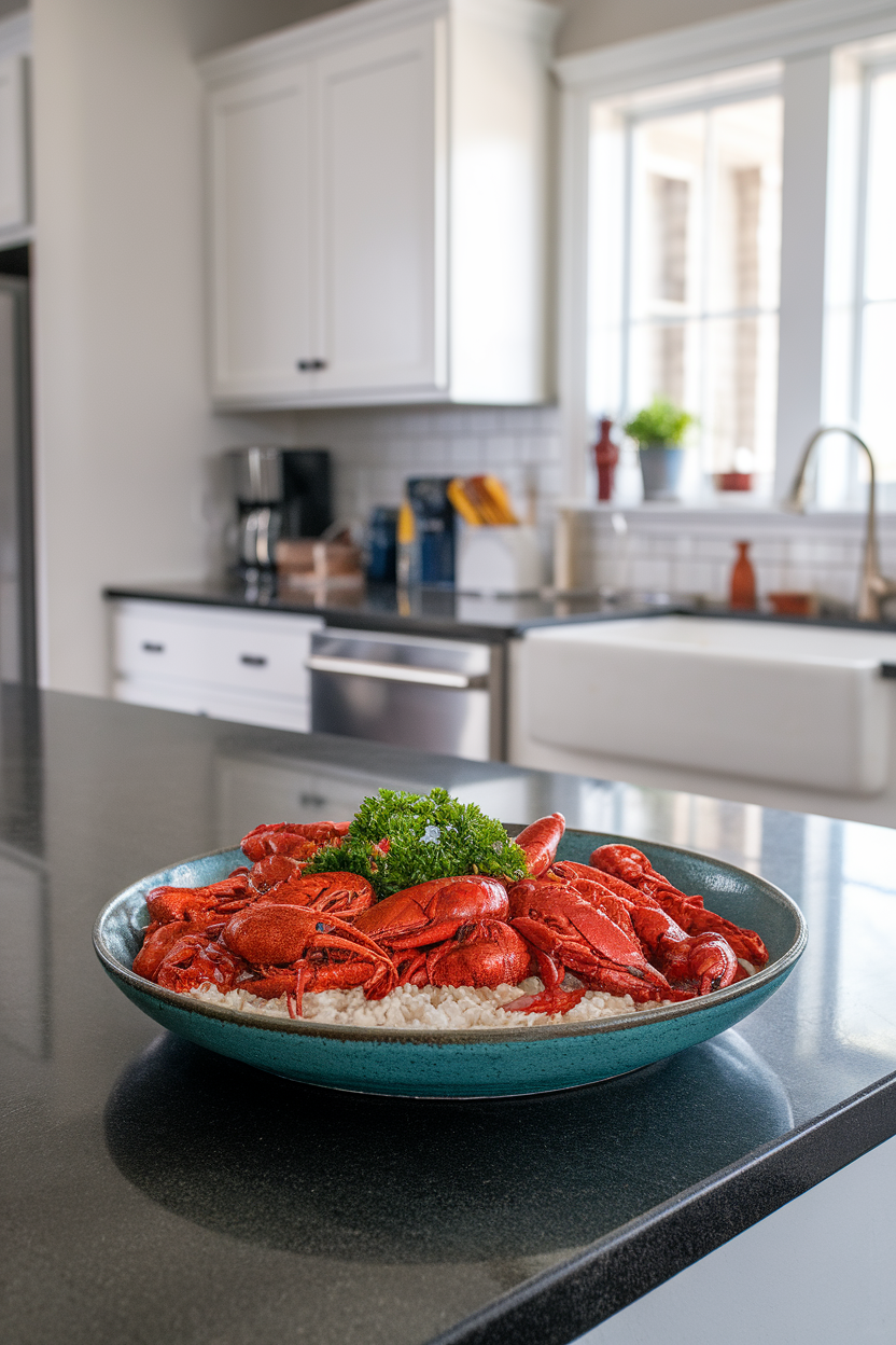Indoor kitchen island showing a shallow bowl of crawfish étouffée over rice, garnished with parsley, no text or logos. Photo.