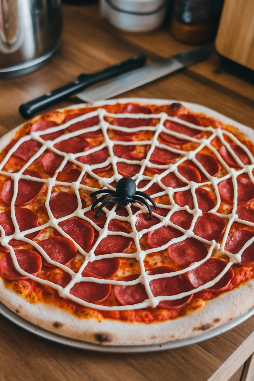 An indoor kitchen table featuring a pepperoni pizza with piped concentric circles of ricotta, pulled outward to form a spiderweb pattern, and a small black-olive “spider” in the center. Photo only, no text or logos.
