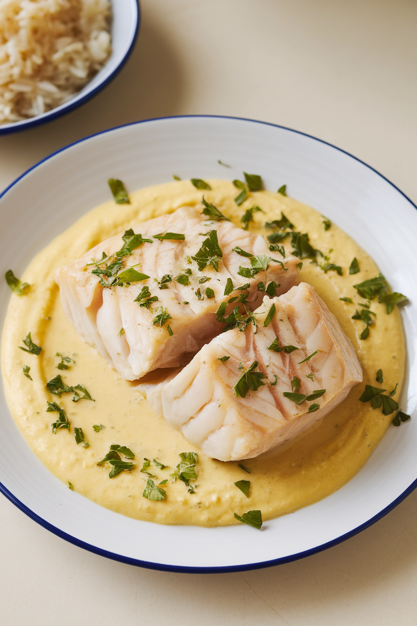 Indoor plate of cod resting in pale yellow saffron cream, sprinkled with parsley, served with rice. No text or logos.
