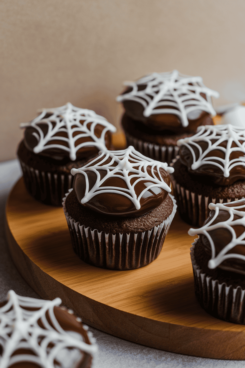 Indoor photo of glossy chocolate ganache-topped cupcakes with delicate white royal-icing spiderwebs piped across the surface; no text or logos