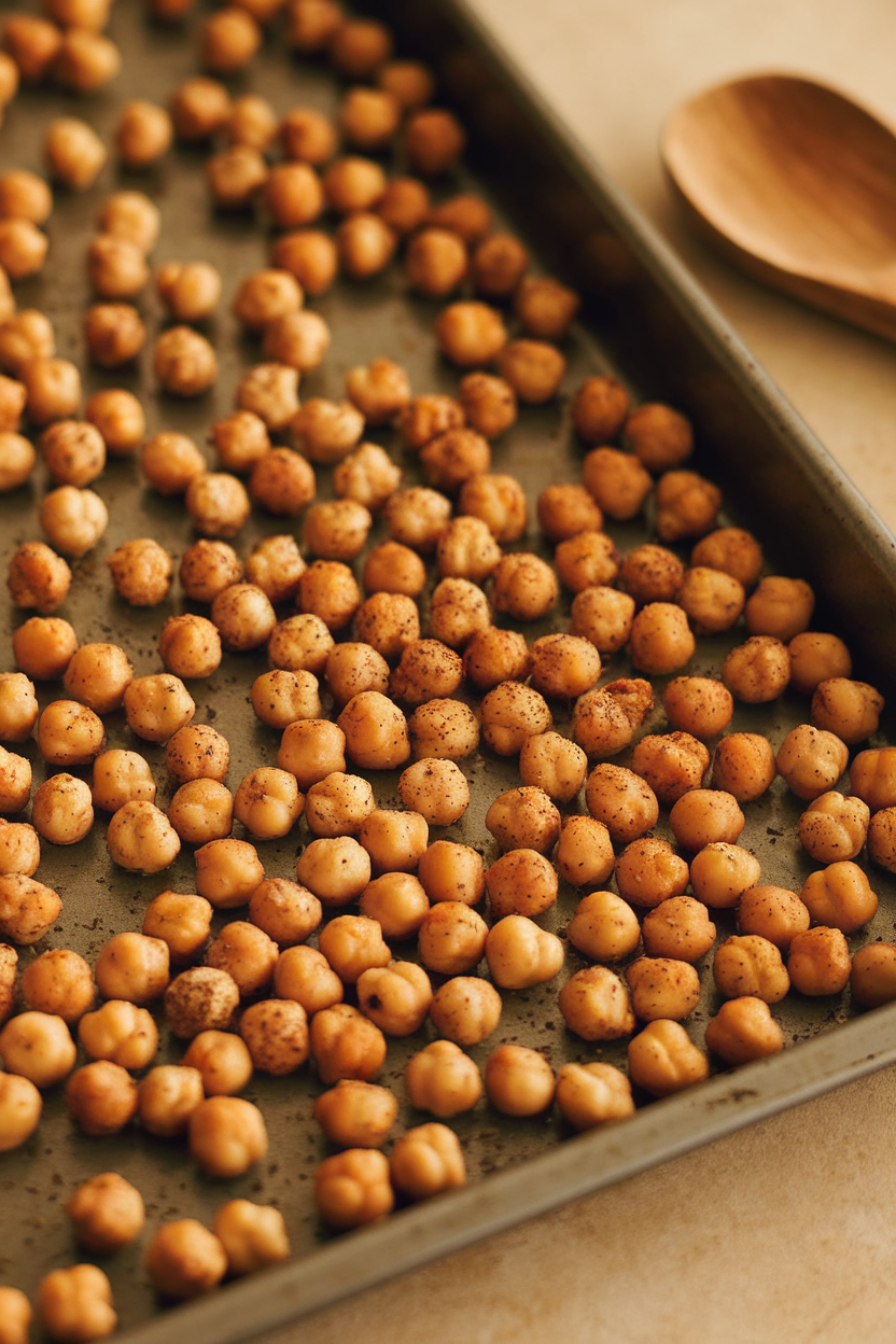 An indoor baking tray of roasted chickpeas coated in za’atar, golden and crispy, wooden spoon nearby. No logos or text.