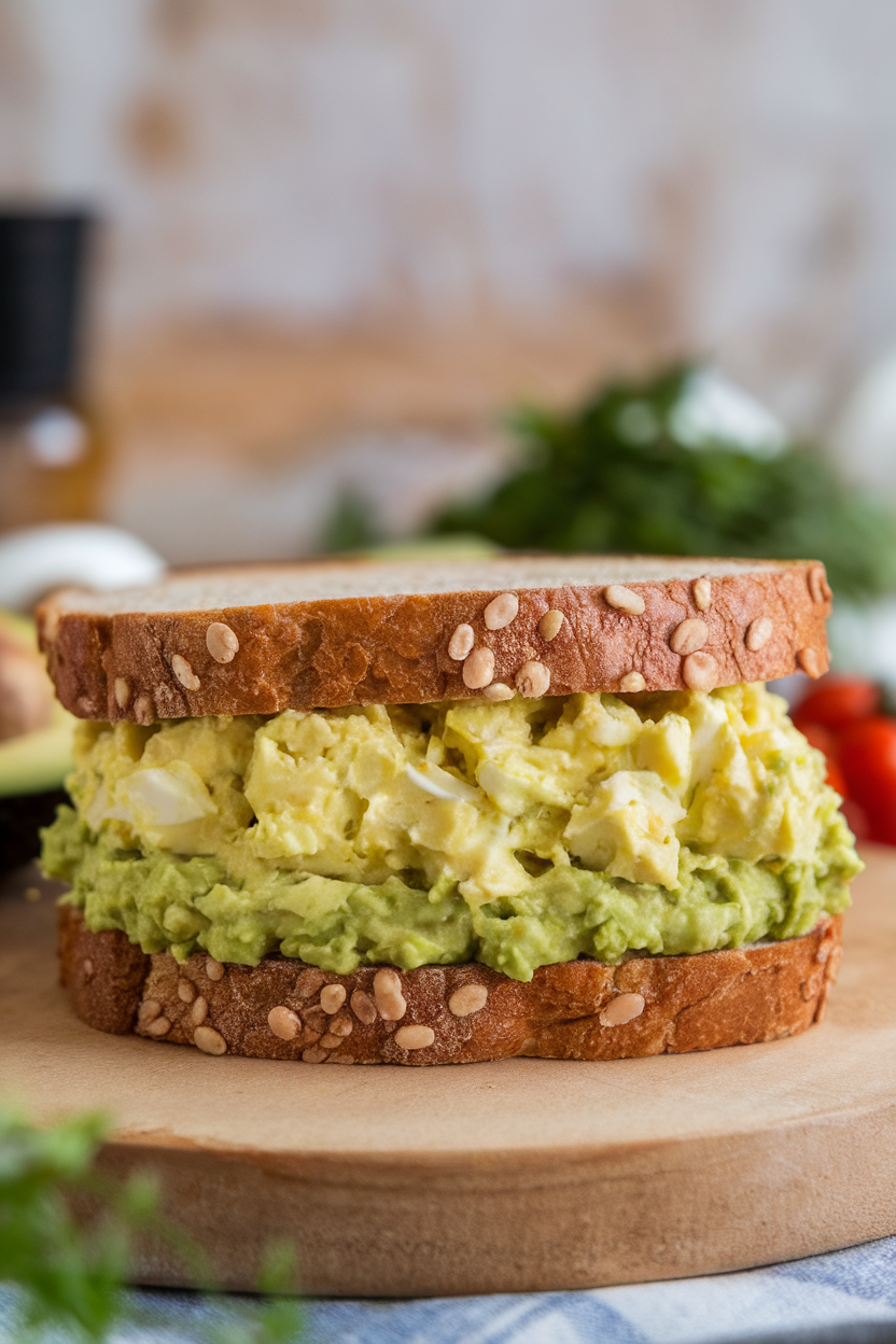 Photo of a sandwich indoors featuring green-tinted egg salad made with mashed avocado on whole-grain bread. No text or logos.