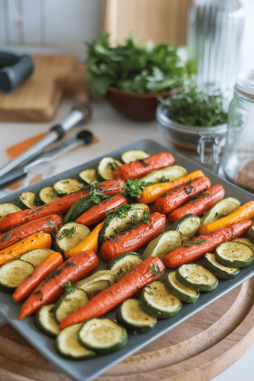 Photo of an indoor platter featuring roasted carrots, zucchini, and bell peppers drizzled with herb oil. No logos or text visible.