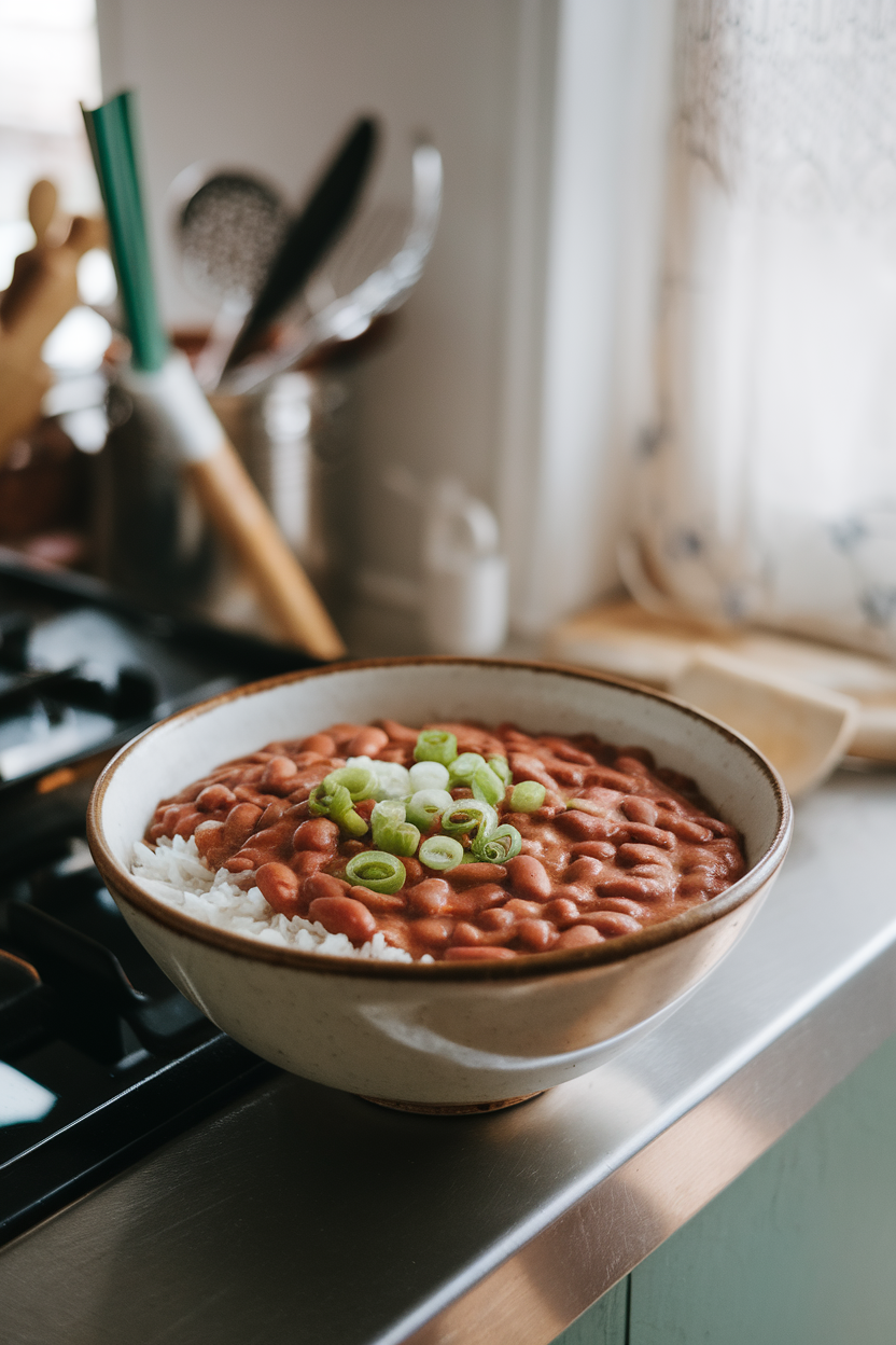 Indoor kitchen island with a bowl of creamy red beans over white rice, garnished with sliced green onions, no text or logos. Photo.