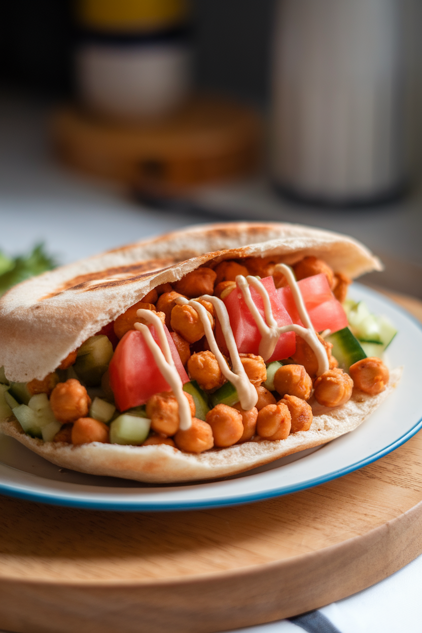 Photo of an indoor plate holding an open pita stuffed with spiced roasted chickpeas, chopped tomato, cucumber, and tahini drizzle; soft natural light; no text or logos.