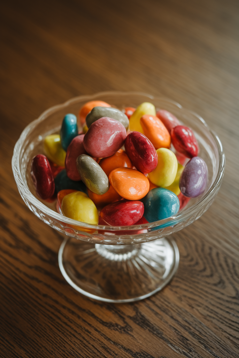 Photo of indoor glass dish holding colorful fruit-flavored candy pieces, glossy finish, no text or logos