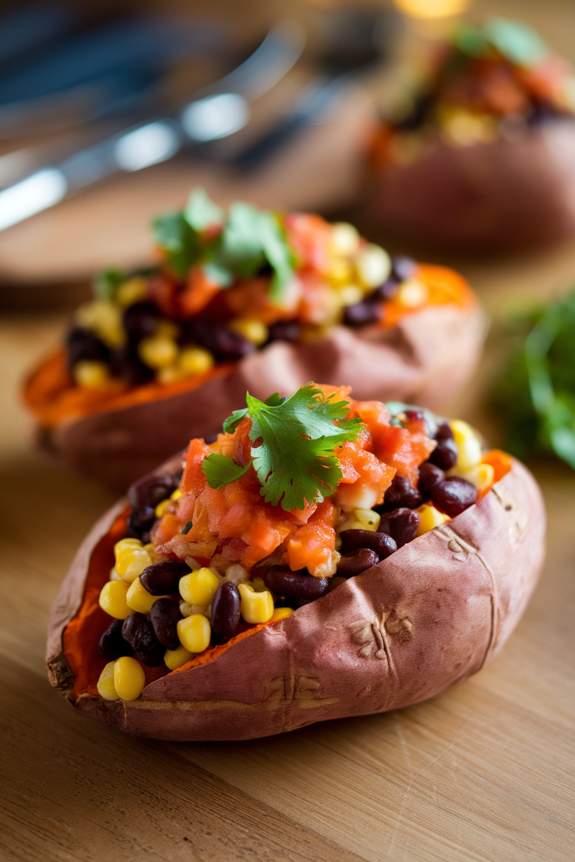 An indoor dining table showing halved roasted sweet potatoes filled with black beans, corn, and salsa, garnished with cilantro. No text or logos; photo only.