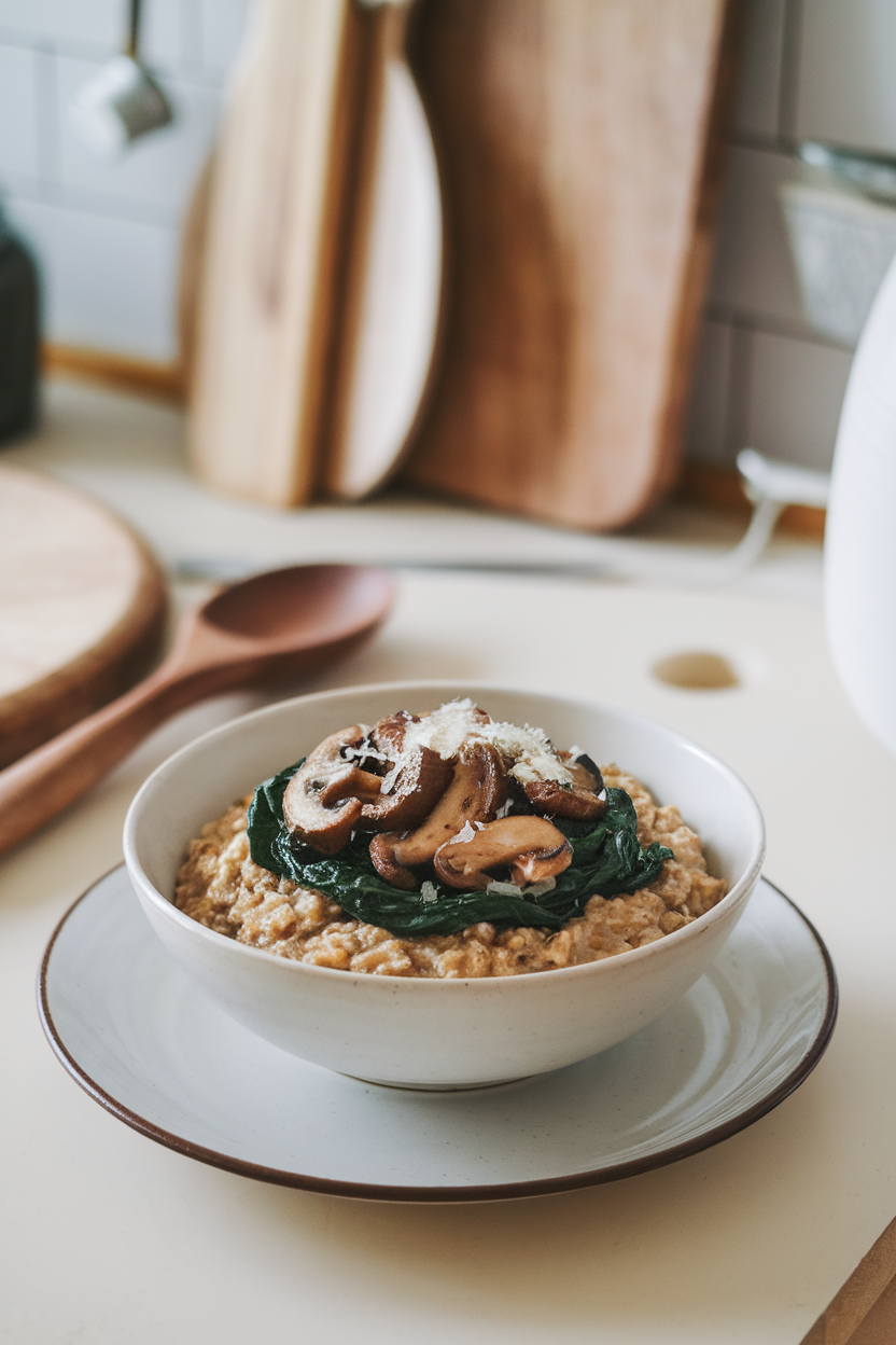 Photo of a bowl of savory oatmeal topped with sautéed mushrooms, wilted spinach, and a sprinkle of parmesan on an indoor kitchen table. No text or logos.
