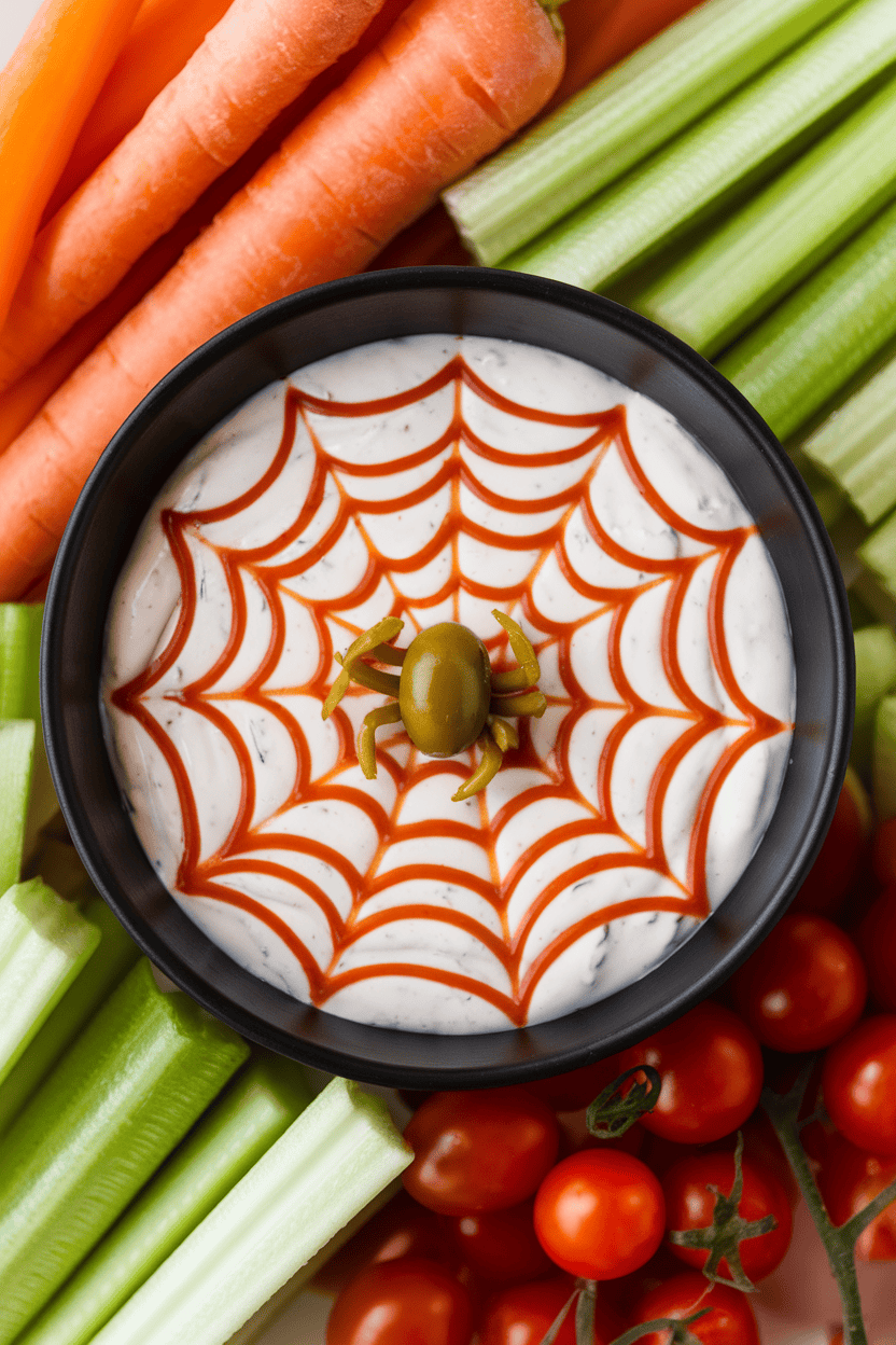 Overhead indoor image of a shallow black bowl with ranch dip, thin lines of sriracha piped into a web, a single olive “spider” in the center, surrounded by assorted veggies. No text or logos.