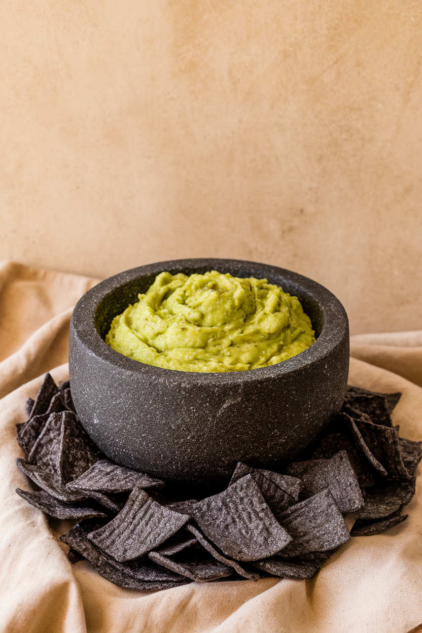 An indoor coffee table scene with a black stone molcajete overflowing with bright green guacamole, surrounded by charcoal-tinted tortilla chips. No text or logos. Photo, not illustration.