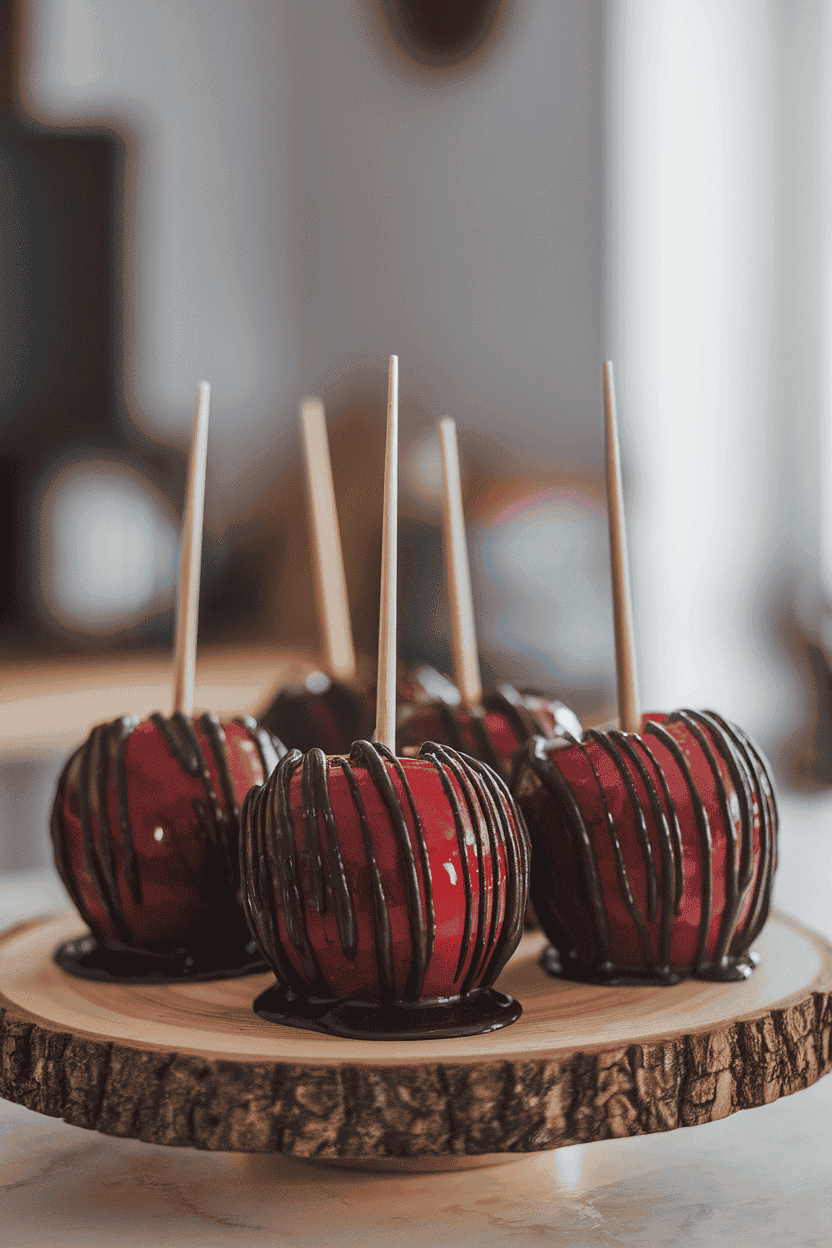 An indoor countertop featuring deep red caramel apples with black sugar drizzle, wooden sticks inserted, no text or logos.
